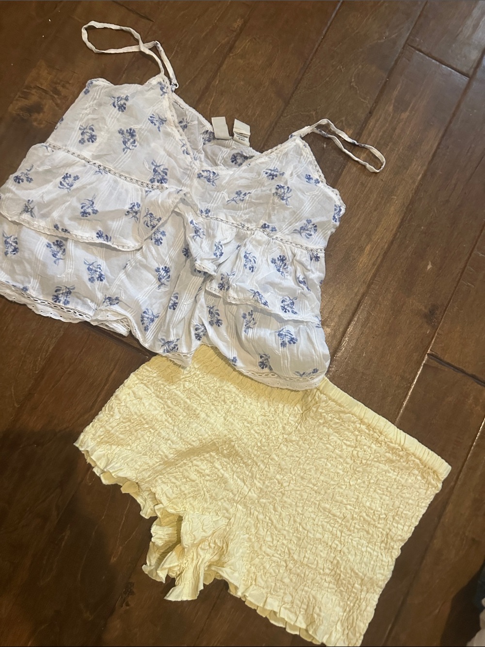Cotton On White & Blue Floral Cami with Pale Yellow Smocked Shorts
